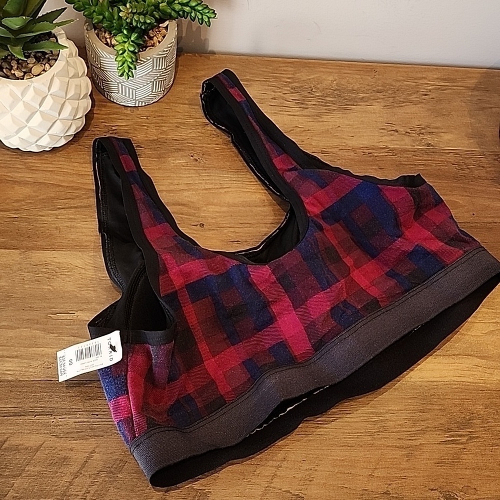 Torrid - Unlined Cotton Seamed Scoop Bralette in Multi Block Plaid Black - Picture 3 of 11